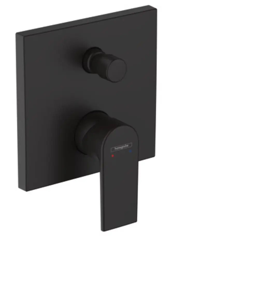 Schwarzer Einhebel-Wannenmischer von Hansgrohe für Unterputzinstallation. Die Steuerung erfolgt über einen Hebel und zwei Drehknöpfe zur Temperatureinstellung.
